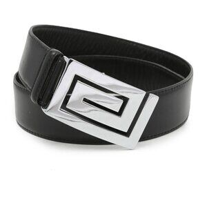 Vintage LONGHI Leather Belt Italy Black Large Silver Statement Buckle Classic